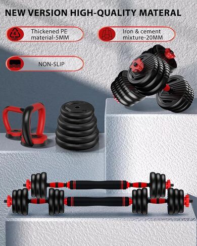 Adjustable Dumbbell Set 20LBS/35LBS/55LB/70LBS/90lbs Free Weights Dumbbells, 4 in 1 Weight Set, Dumbbell, Barbell, Kettlebell, Push-up, Home Gym Fitness Workout Equipment for Men Women in Saudi Arabia