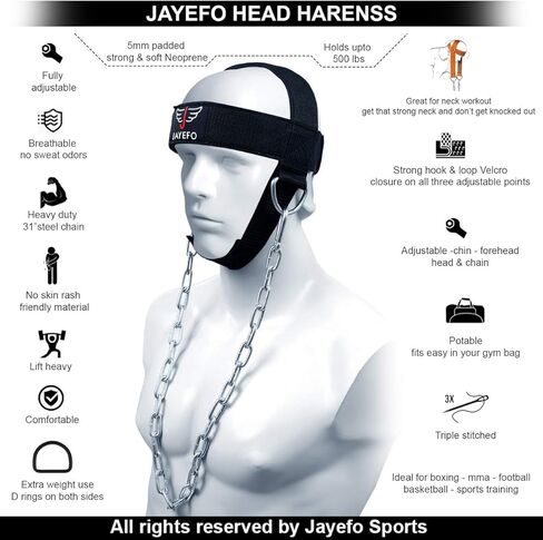 Jayefo Sports Neck Training Exerciser Harness Traps Muscle Builder Head Harness home gym for Strength Fitness Powerlifting Workout Boxing MMA Strong Neck Steel Chain Exerciser strengthener in Kuwait