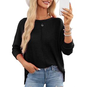 Dokotoo Womens 2024 Fall Outfits Crewneck Batwing Long Sleeve Shirts Waffle Knit Pullover Sweater Tops