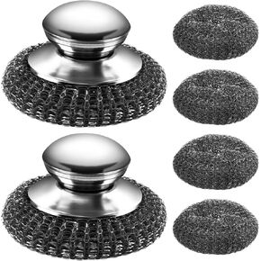 2Pack Steel Wool Scrubber with 4 Replacement Wire Pads Stainless Steel Scrubber with Handle Metal Sponge Scrubber Scrubbing Scouring Brush Pad for Kitchen Pots, Pan(Color:Grey)