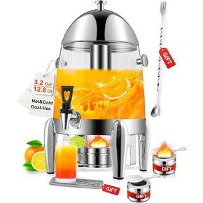 Beverage Dispenser with Stand, 3 Gallon Stainless Steel Drink dispensers for Parties, Large Juice Dispenser with Ice Container, Spigot, Fuel Holder, Tea Water Lemonade Dispenser (Plastic)