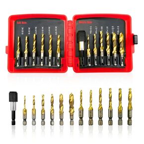 12PCS Titanium Drill Tap Combination Bit Set with Quick Change Adapter, 6PCS SAE (6-32NC to 1/4-20NC) /Metric (M3 to M10) Screw Taps, 3-in-1 Taps Tool for Drilling, Tapping and Countersinking