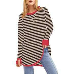 WULFUL المرأة مخطط كم طويل بلايز المتضخم البلوز 2024 الخريف Crewneck تي شيرت فضفاض غير رسمي مع ثقوب الإبهام