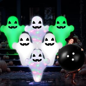 7 Pcs LED Giant Halloween Ghost Inflatable Bowling Set Light up Ghost Bowling Game 6 Pcs 27" Ghost Bowling Pins and 1 Pcs 24" Bowling Ball for Kids Adult Halloween Outdoor Indoor Party