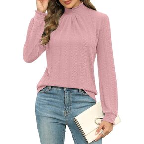 Micoson Womens Mock Neck Blouses Pleated Textured Shirts Long Sleeve Stretch Casual Tunic Tops Dressy Fashion Blouse