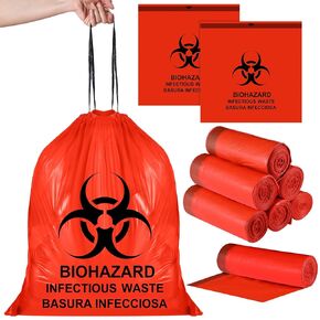 Geiserailie 140 Pcs Drawstring Biohazard Waste Bags 24'' Disposal Infectious Waste Bags 10 Gallon Red Biohazard Bags 20/roll for Hospital Infectious Waste Disposal