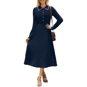 MIROL Women's Pleated Contrast Sweater Dress 2024 Fall Long Sleeve Button Lapel Collar Maxi Bodycon Dress