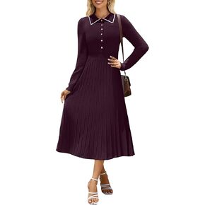 MIROL Women's Pleated Contrast Sweater Dress 2024 Fall Long Sleeve Button Lapel Collar Maxi Bodycon Dress in Kuwait