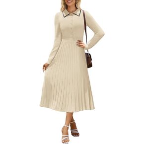MIROL Women's Pleated Contrast Sweater Dress 2024 Fall Long Sleeve Button Lapel Collar Maxi Bodycon Dress