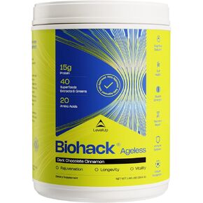 LevelUp Biohack Ageless: Colostrum Collagen Superfoods Antioxidants Spermidine Amino Acids Creatine for Women and Men, Total Body Rejuvenation (Dark Chocolate Cinnamon)