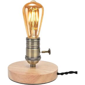 Tissting Vintage Wooden Lamp Base E26/E27 Table Lamp Holder with Dimmable Button Adjust Brightness Mini Short Desk Lamp Exposed Bulb Base with US Plug(120×85mm/4.7×3.3in)
