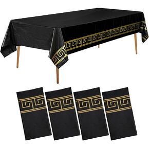 4-Pack Plastic Table Cloth Disposable 54" x 108" - Luxurious Black Plastic Tablecloths for Rectangle Tables - 140g Thick Plastic Table Covers with Gold Dotted Margin for Indoor & Outdoor Events