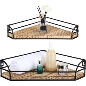 Photect Corner Shelf Wall Mount, Wooden Corner Floating Shelves Set of 2, Bathroom Corner Shelf Storage and Display Hanging Plant Shelves for Restroom Living Room Kitchen Bedroom