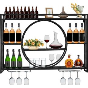 Wall Mounted Wine Rack, Large Capacity 3 Tier Wine Glass Display Rack, Iron Round Wine Glass Storage Rack with Cup Holder, for Home Restaurant Bar (Black, 55.1 * 5.9 * 23.5inch)
