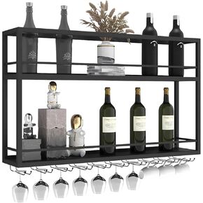 Industrial Wall Mounted Wine Rack, 2-Tier Wood Wine Bottle Shelf with Stemware Rack, Black Wine Glass Rack Multi Functional Wine Storage Display Rack for Home Bar Dining Room Kitchen (71×7.8×26in)