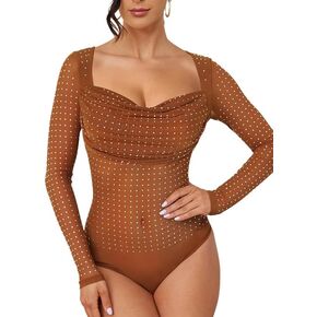 Sparkle Rhinestone Sheer Mesh Bodysuits for Women Diamond Tops Thong Soft Elastic Slimming Snap Crotch Bodysuit
