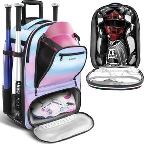 Rolling Baseball Backpack with Off-road Wheels, Wheeled Catchers Gear Bag for Baseball Equipment, 4 Bats, Large Softball Bag for TBall, Helmet & Accessories with Fence Hook, Blue-pink