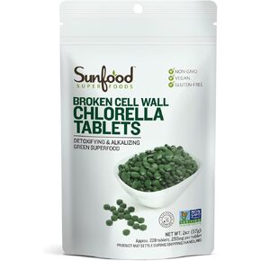 Sunfood Chlorella Tablets | Chlorophyll Rich | Broken Cell Wall | Blue Green Algae Superfood | Organic & Non GMO | Natural Vegan Protein | 100% Pure | Bulk 8 oz Bag| 912 Tablets | 250 mg Chlorella per Tablet