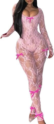 Mojessy Sexy Sheer Outfits for Women Lace Long Sleeve U Neck Bodycon Jumpsuit Streetwear Rompers in Saudi Arabia