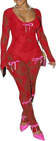 Mojessy Sexy Sheer Outfits for Women Lace Long Sleeve U Neck Bodycon Jumpsuit Streetwear Rompers in Saudi Arabia