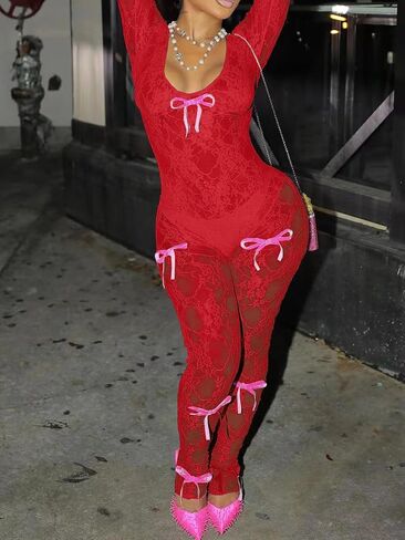 Mojessy Sexy Sheer Outfits for Women Lace Long Sleeve U Neck Bodycon Jumpsuit Streetwear Rompers in Saudi Arabia