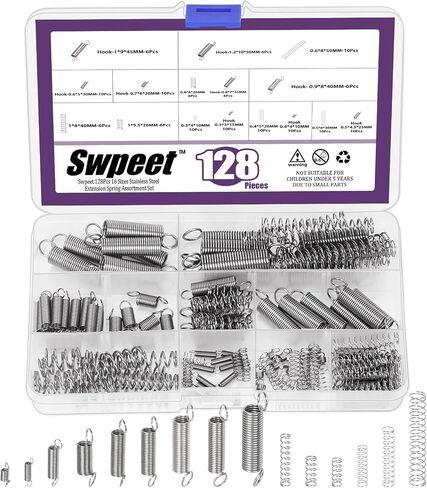 مجموعة Swpeet 128 قطعة، 16 مقاسًا من الفولاذ المقاوم للصدأ للتمديد والضغط، زنبرك تمديد مع زنبرك ميكانيكي مزدوج الخطاف، زنبرك صغير للإصلاحات المنزلية in Kuwait