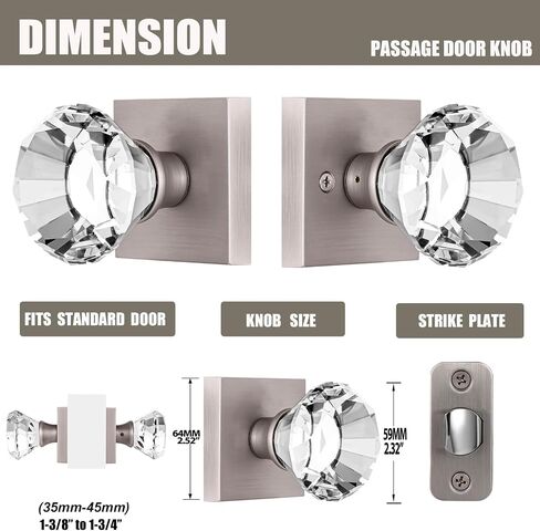 Diamond Shape Glass Hall Closet Door Knob Interior, Clear Crystal Door Knobs Brushed Nickel, Passage Square Door knob Set, BS-003 in Saudi Arabia