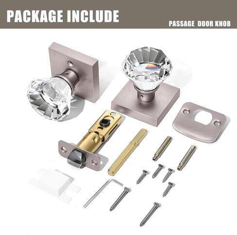 Diamond Shape Glass Hall Closet Door Knob Interior, Clear Crystal Door Knobs Brushed Nickel, Passage Square Door knob Set, BS-003 in Saudi Arabia