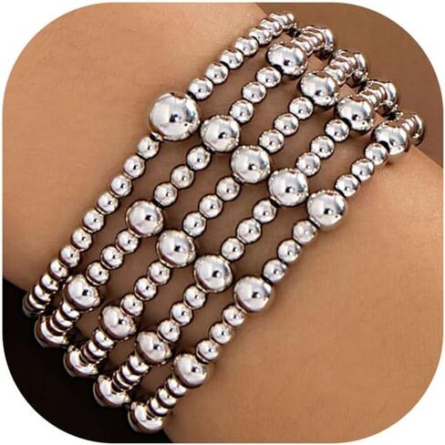 5Pcs Gold Bead Bracelets Set for Women,14K Gold Plated Stackable Bead Ball Bracelets Set,Adjustable Chunky Bangles Bracelets,Boho Stretch Bead Ball Bracelet for Women in Saudi Arabia