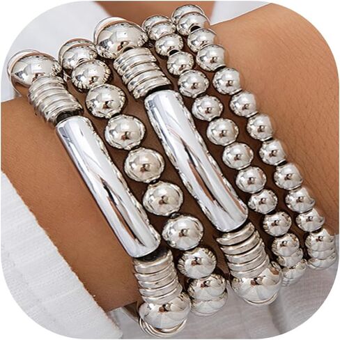 5Pcs Gold Bead Bracelets Set for Women,14K Gold Plated Stackable Bead Ball Bracelets Set,Adjustable Chunky Bangles Bracelets,Boho Stretch Bead Ball Bracelet for Women in Saudi Arabia