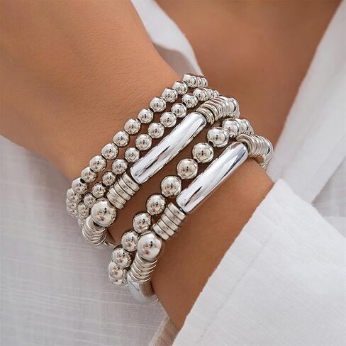 5Pcs Gold Bead Bracelets Set for Women,14K Gold Plated Stackable Bead Ball Bracelets Set,Adjustable Chunky Bangles Bracelets,Boho Stretch Bead Ball Bracelet for Women in Saudi Arabia