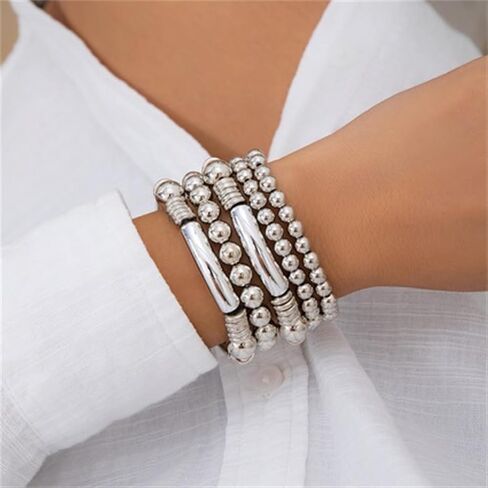 5Pcs Gold Bead Bracelets Set for Women,14K Gold Plated Stackable Bead Ball Bracelets Set,Adjustable Chunky Bangles Bracelets,Boho Stretch Bead Ball Bracelet for Women in Saudi Arabia
