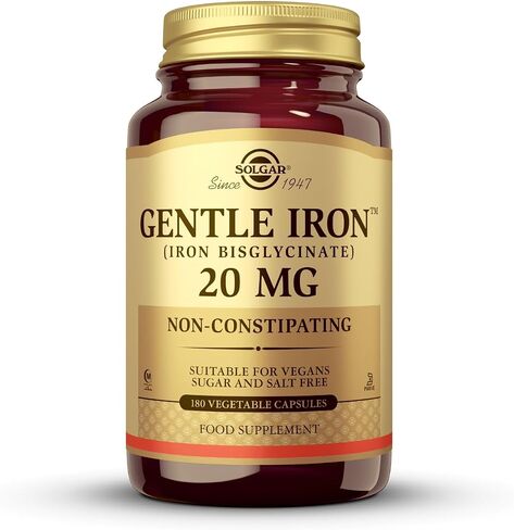 Solgar Gentle Iron - مثالي للمعدة الحساسة، مكمل لخلايا الدم الحمراء، غير مسبب للإمساك والكائنات المعدلة وراثيًا، نباتي، خالي من الغلوتين ومنتجات الألبان، كوشير - 180 وجبة، بدون نكهة، 180 قطعة in Kuwait