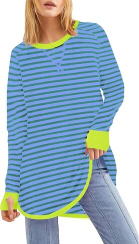 WULFUL المرأة مخطط كم طويل بلايز المتضخم البلوز 2024 الخريف Crewneck تي شيرت فضفاض غير رسمي مع ثقوب الإبهام in Saudi Arabia
