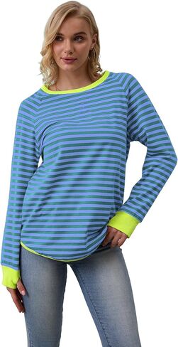 WULFUL المرأة مخطط كم طويل بلايز المتضخم البلوز 2024 الخريف Crewneck تي شيرت فضفاض غير رسمي مع ثقوب الإبهام in Saudi Arabia