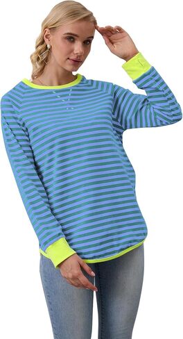 WULFUL المرأة مخطط كم طويل بلايز المتضخم البلوز 2024 الخريف Crewneck تي شيرت فضفاض غير رسمي مع ثقوب الإبهام in Saudi Arabia
