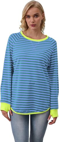WULFUL المرأة مخطط كم طويل بلايز المتضخم البلوز 2024 الخريف Crewneck تي شيرت فضفاض غير رسمي مع ثقوب الإبهام in Saudi Arabia