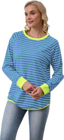 WULFUL المرأة مخطط كم طويل بلايز المتضخم البلوز 2024 الخريف Crewneck تي شيرت فضفاض غير رسمي مع ثقوب الإبهام in Saudi Arabia