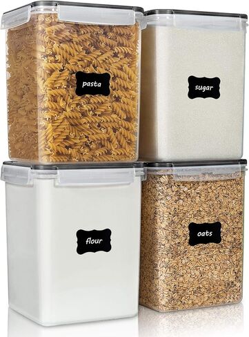 Vtopmart Large Food Storage Containers 5.2L / 175oz, 4 Pieces BPA Free Plastic Airtight Canisters for Flour, Sugar, Baking Supplies, Rice with Lids, 4 Measuring Cups and 24 Labels, Black in Kuwait