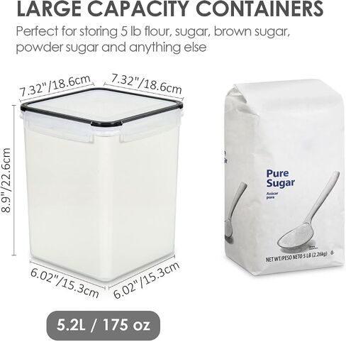 Vtopmart Large Food Storage Containers 5.2L / 175oz, 4 Pieces BPA Free Plastic Airtight Canisters for Flour, Sugar, Baking Supplies, Rice with Lids, 4 Measuring Cups and 24 Labels, Black in Kuwait