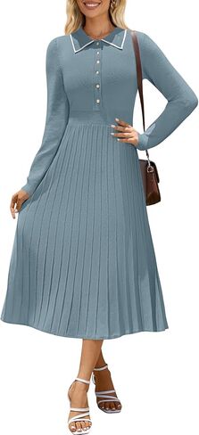 MIROL Women's Pleated Contrast Sweater Dress 2024 Fall Long Sleeve Button Lapel Collar Maxi Bodycon Dress in Saudi Arabia