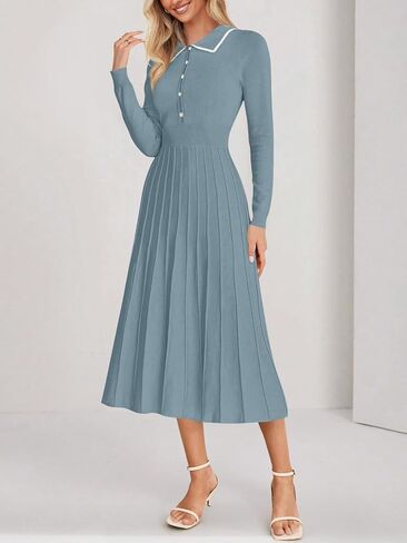 MIROL Women's Pleated Contrast Sweater Dress 2024 Fall Long Sleeve Button Lapel Collar Maxi Bodycon Dress in Saudi Arabia