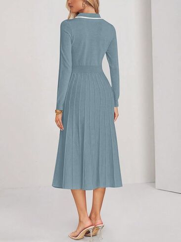 MIROL Women's Pleated Contrast Sweater Dress 2024 Fall Long Sleeve Button Lapel Collar Maxi Bodycon Dress in Saudi Arabia