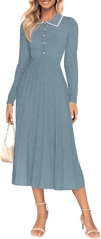 MIROL Women's Pleated Contrast Sweater Dress 2024 Fall Long Sleeve Button Lapel Collar Maxi Bodycon Dress in Saudi Arabia