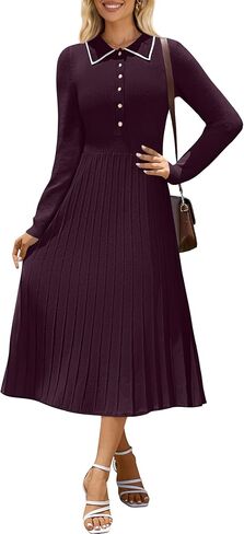 MIROL Women's Pleated Contrast Sweater Dress 2024 Fall Long Sleeve Button Lapel Collar Maxi Bodycon Dress in Kuwait