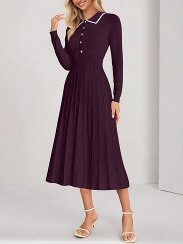 MIROL Women's Pleated Contrast Sweater Dress 2024 Fall Long Sleeve Button Lapel Collar Maxi Bodycon Dress in Kuwait