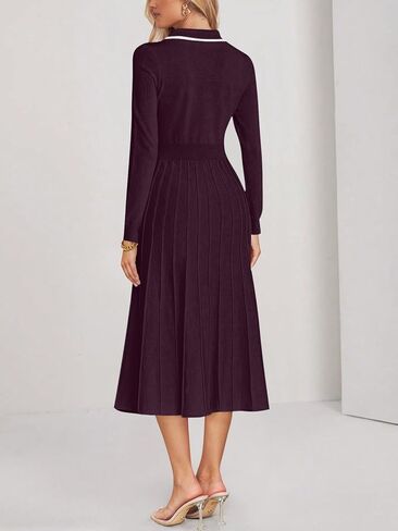 MIROL Women's Pleated Contrast Sweater Dress 2024 Fall Long Sleeve Button Lapel Collar Maxi Bodycon Dress in Kuwait