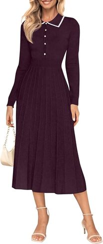 MIROL Women's Pleated Contrast Sweater Dress 2024 Fall Long Sleeve Button Lapel Collar Maxi Bodycon Dress in Kuwait