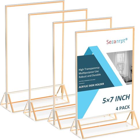 Acrylic Table Numbers Wedding 5x7 Vertical 4 Pack, Acrylic Table Card Holder Gold, Clear Menu Holder for Table Top, Restaurant Retail, Paper Holder, Photo Frame (5x7 - Vertical) in Kuwait