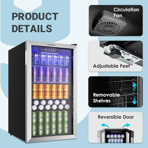 EUHOMY Mini Fridge 130 Can Beverage Refrigerator Cooler Glass Door for Soda Wine Beer, Beverage Cooler for Home, Bar, Office with Digital Temperature Control Adjustable Shelves, 3.2 Cu.Ft, Silver in Kuwait